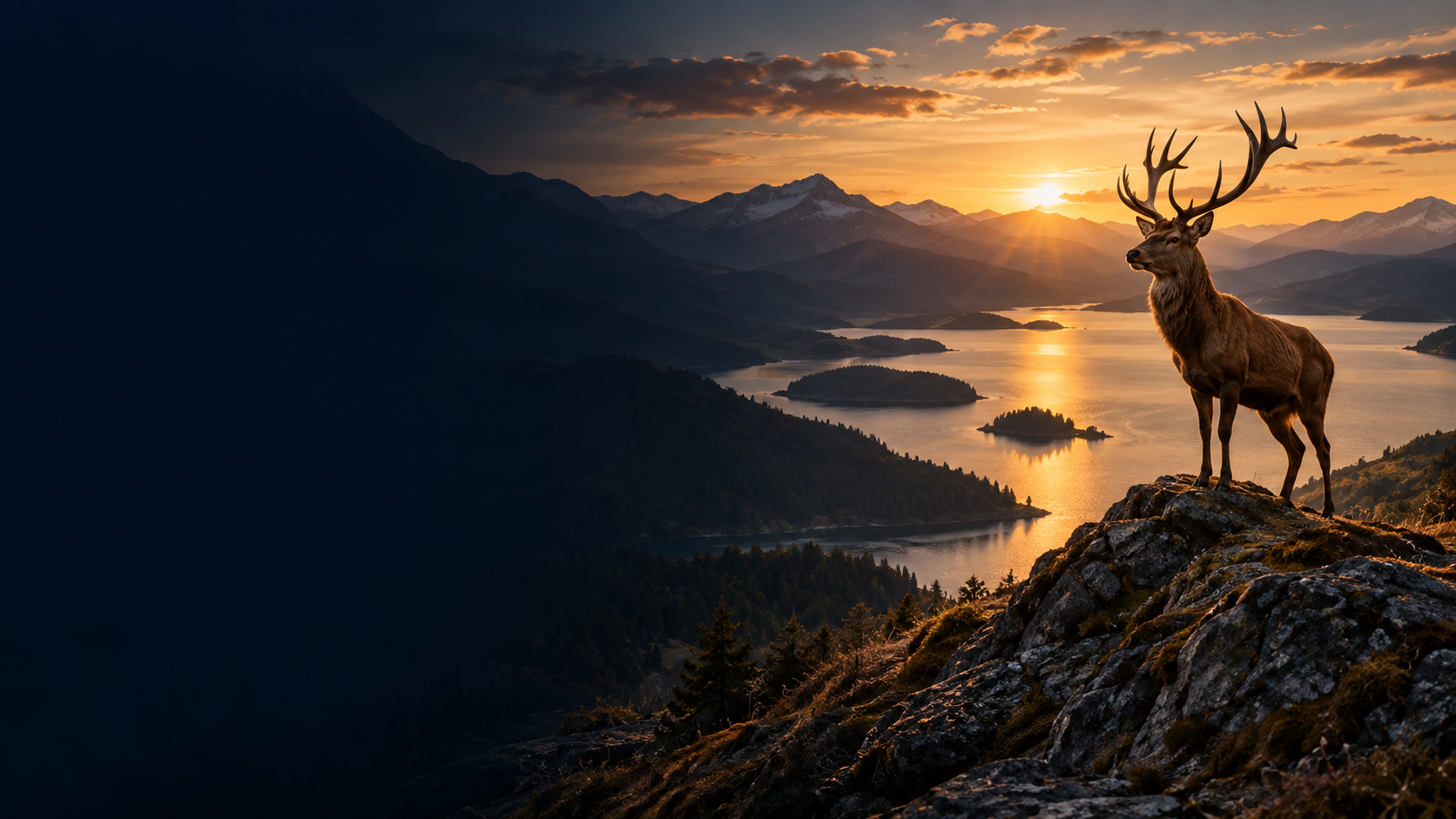 A stag overlooking a mountain lake at sunset.