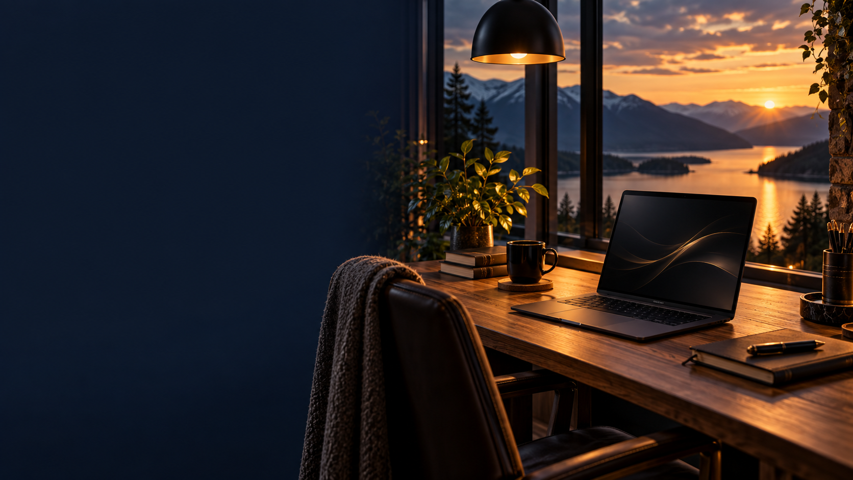 A WordPress learning workspace overlooking a mountain lake.