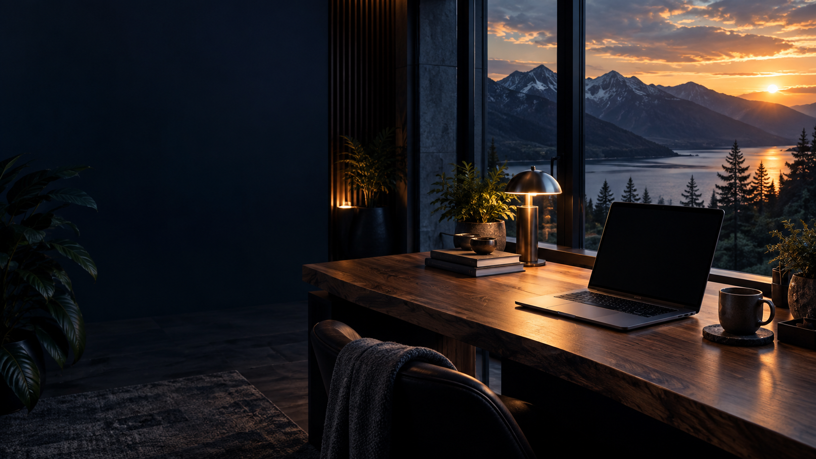 A WordPress support workspace overlooking a mountain lake.