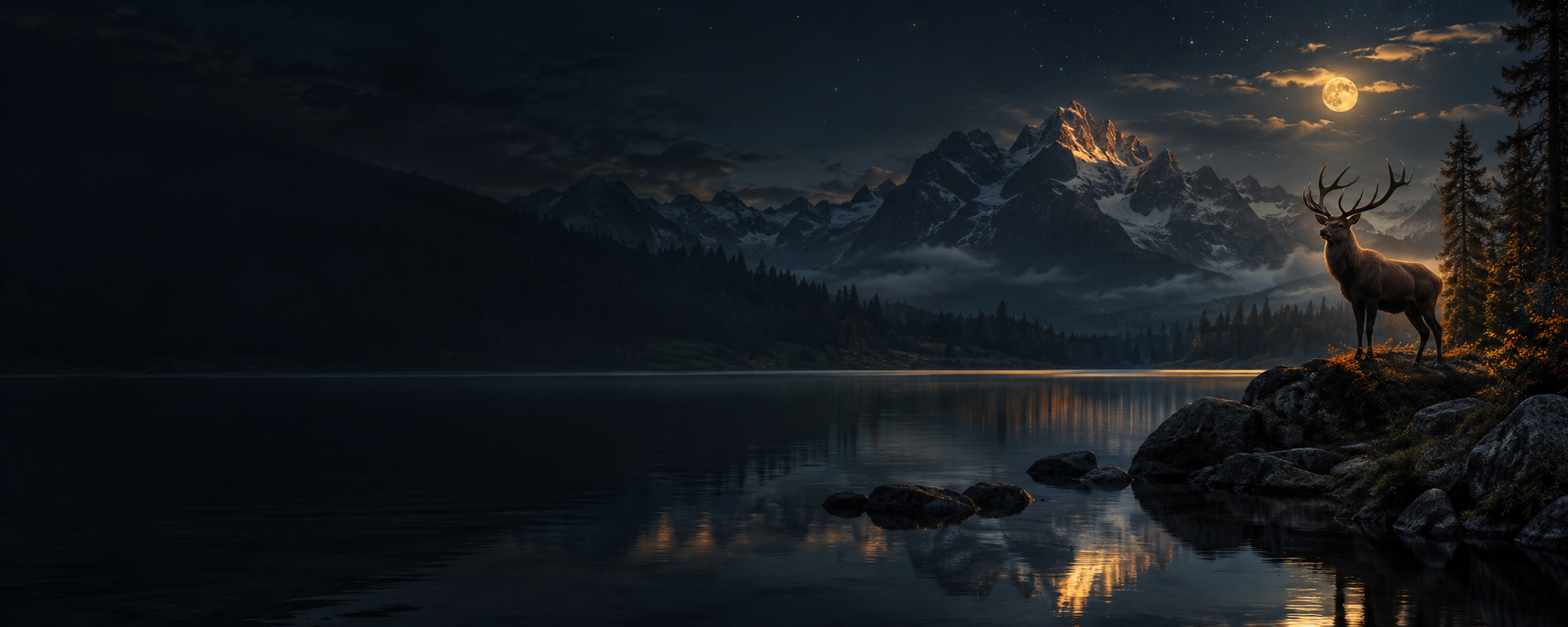 A stag beside a mountain lake at night.