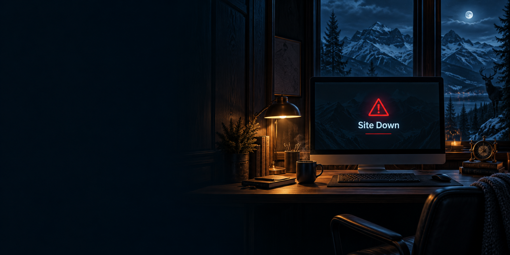 An emergency monitoring workspace beside a mountain window.