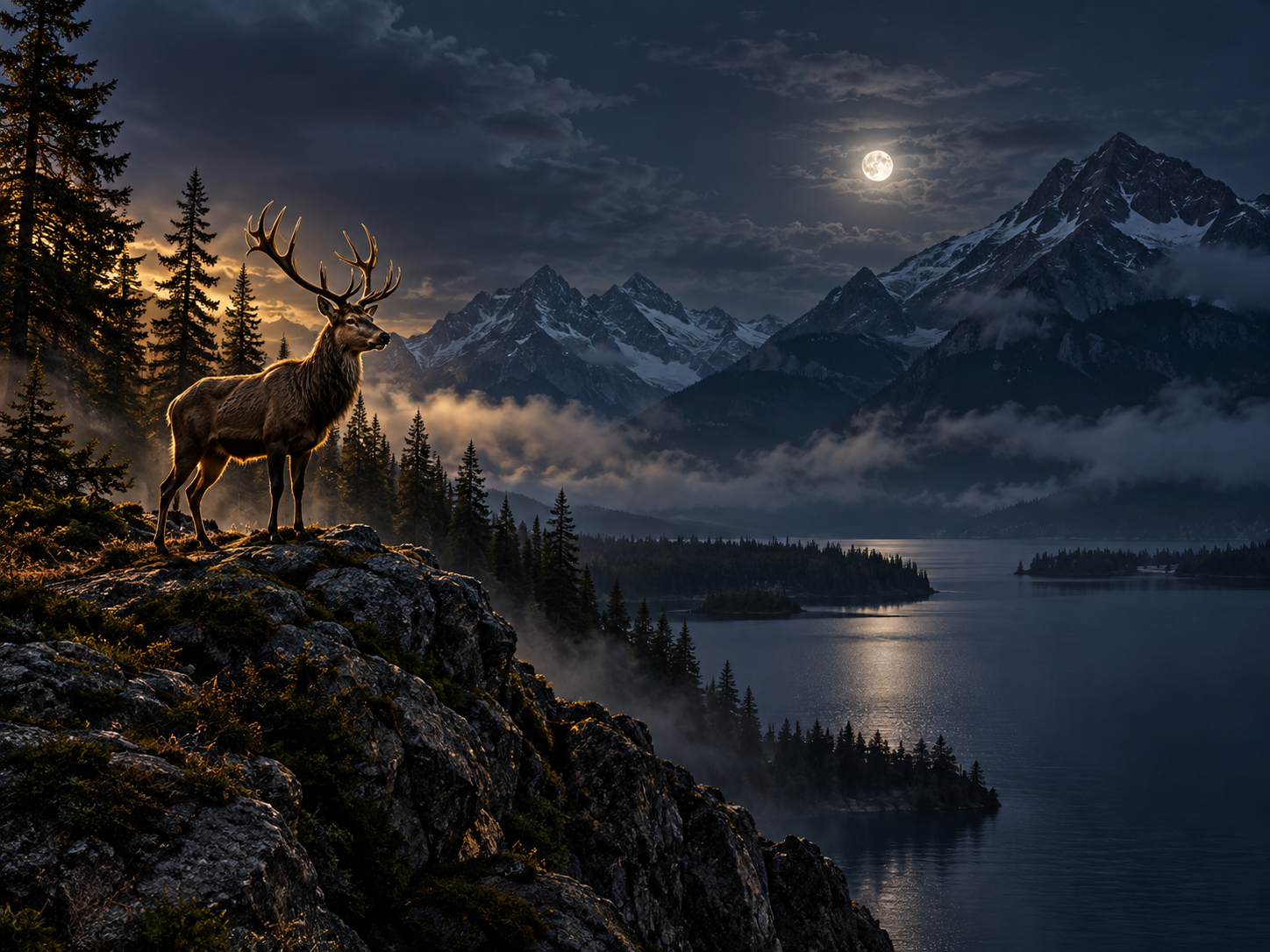 A stag at a mountain lake.