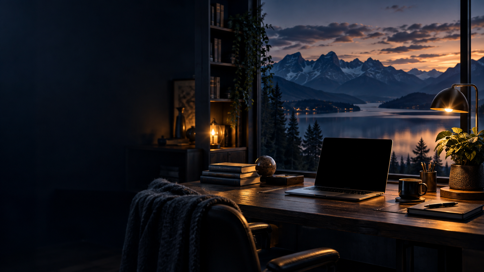 A support desk by a mountain lake.