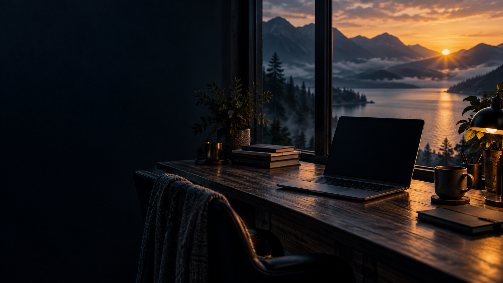 A support workspace overlooking a mountain lake.