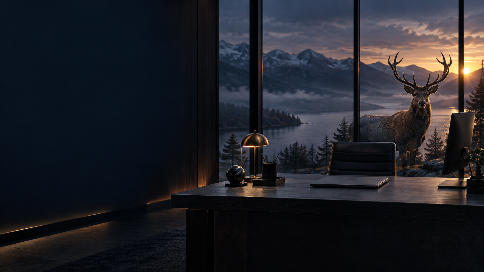A stag in an agency workspace overlooking a mountain lake.