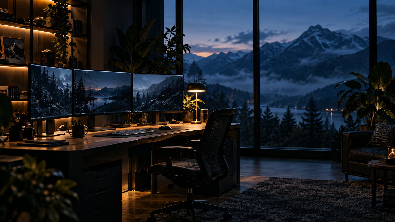 A premium agency workspace looking onto mountains.