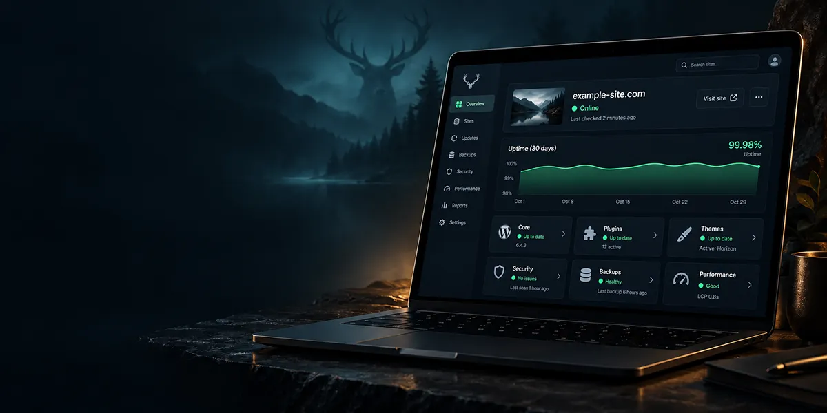 A WPStag laptop showing a website monitoring dashboard.