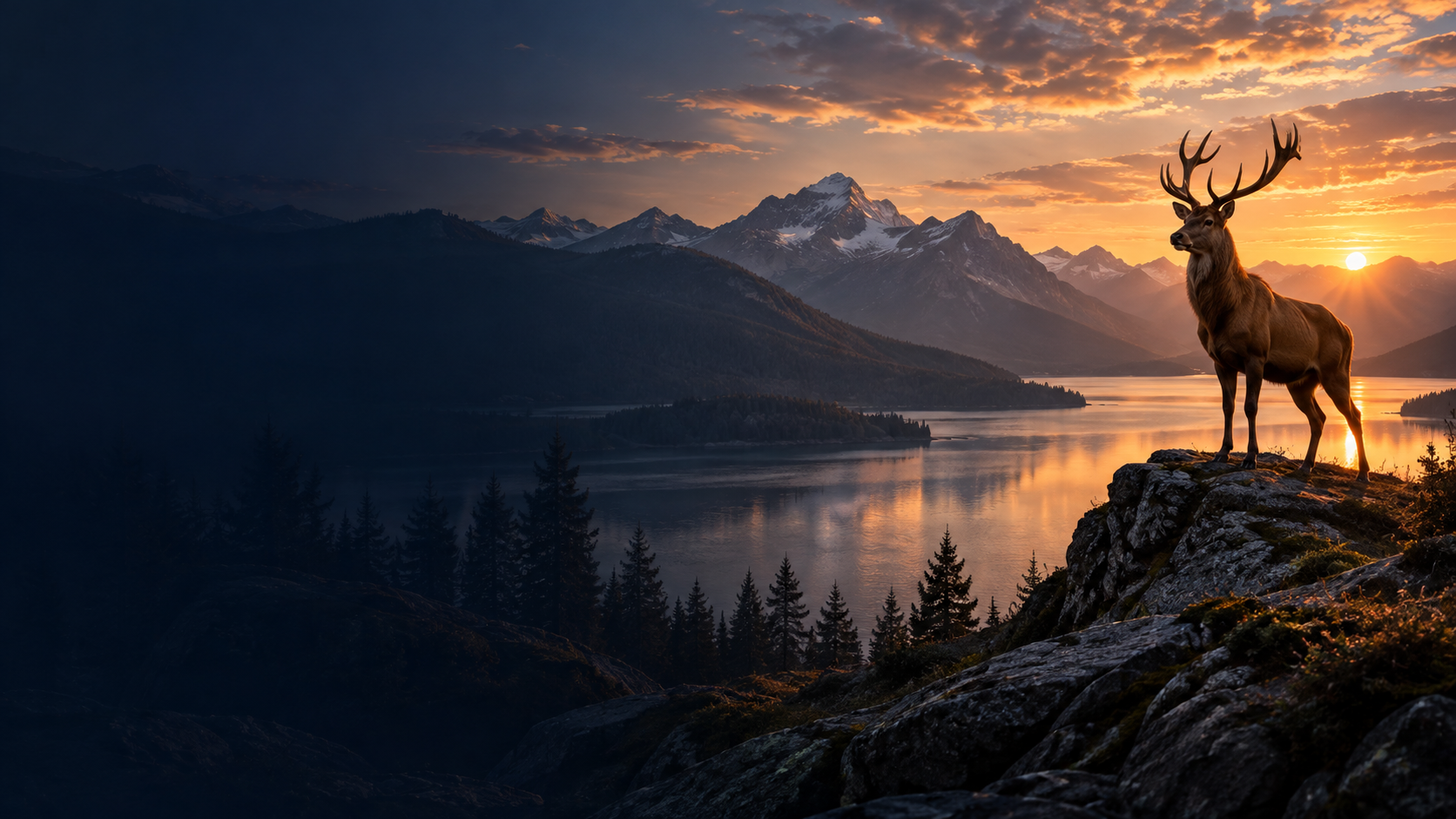 A stag overlooking a mountain lake at sunset.