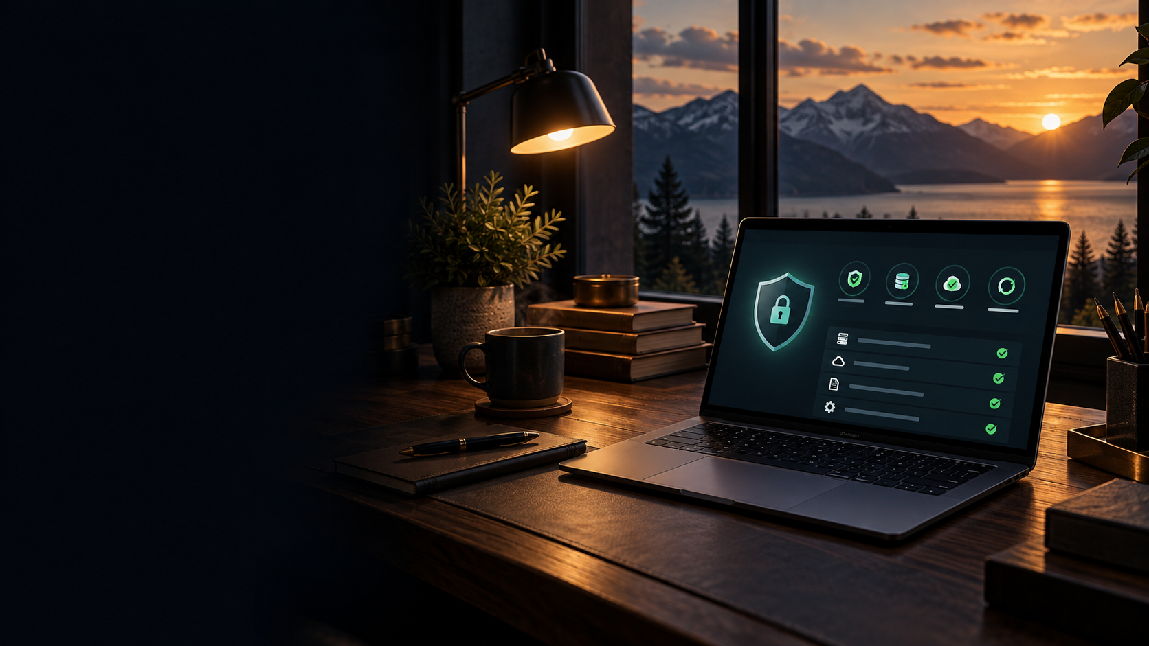 A website security dashboard in a mountain-view workspace.