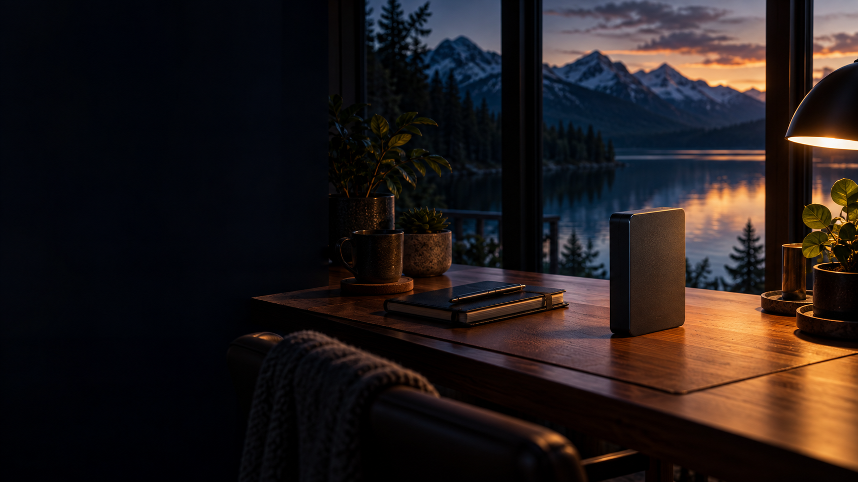 A secure backup drive in a mountain-view workspace.