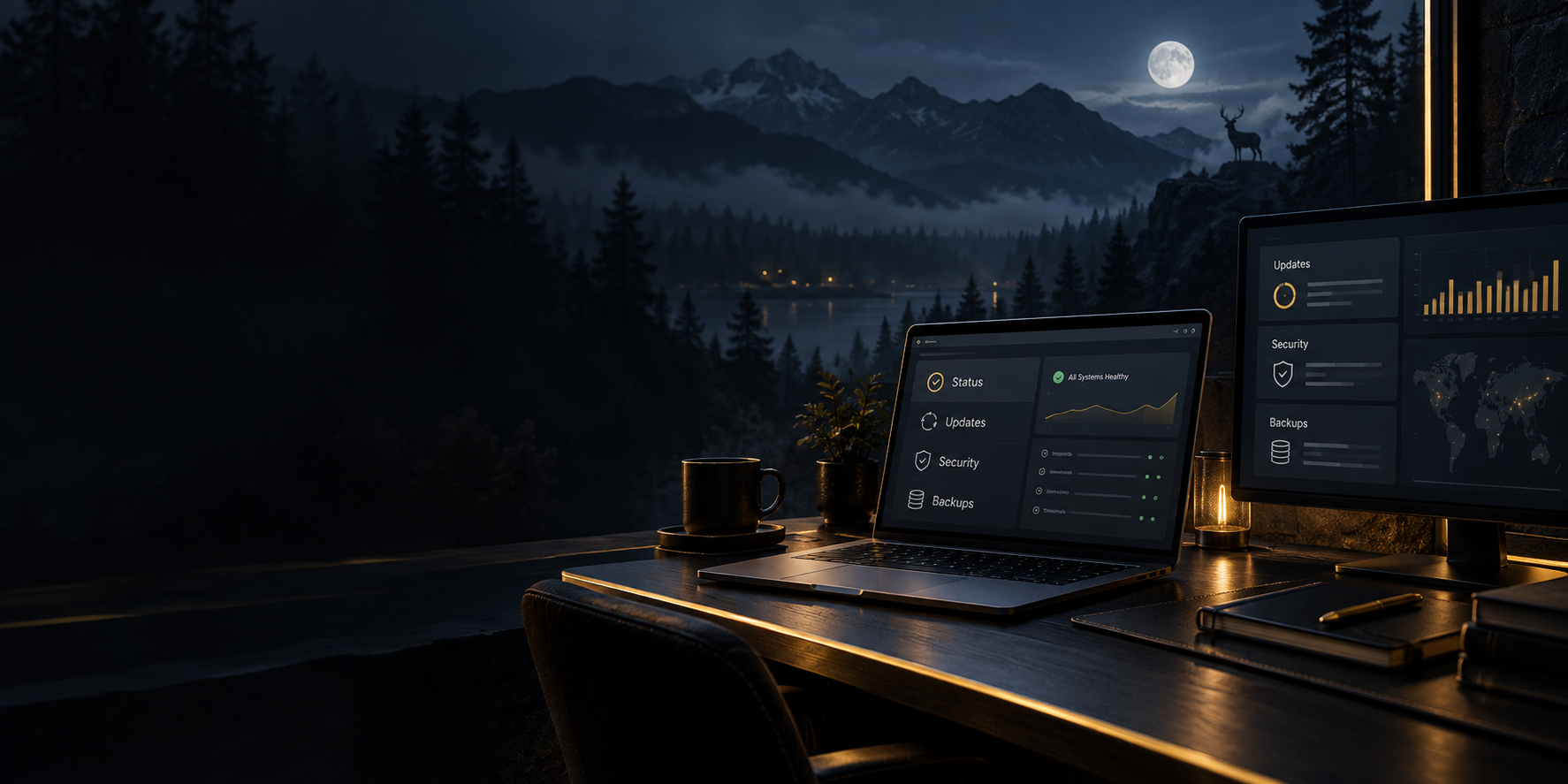 A dark WordPress support operations workspace with monitoring screens.