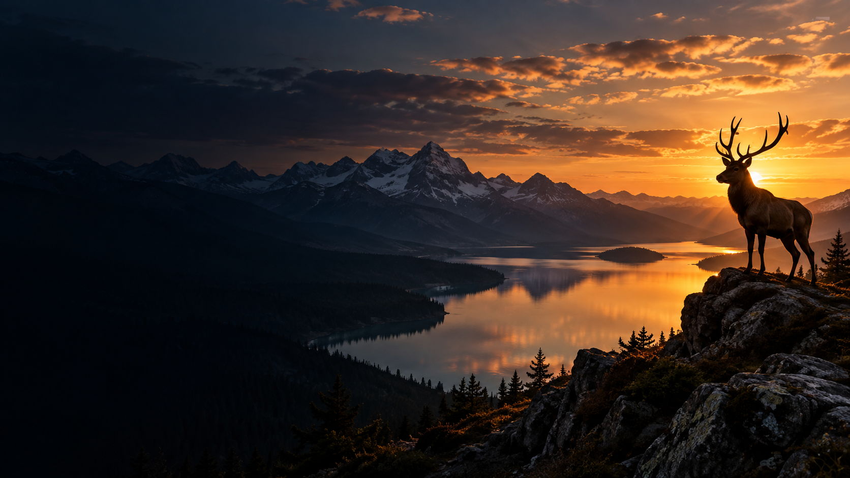 A stag overlooking a mountain lake at sunset.