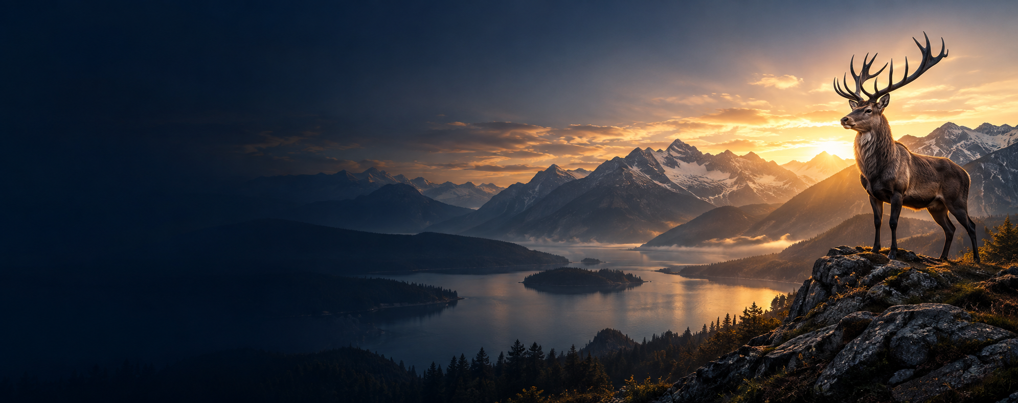 A stag above a mountain lake.