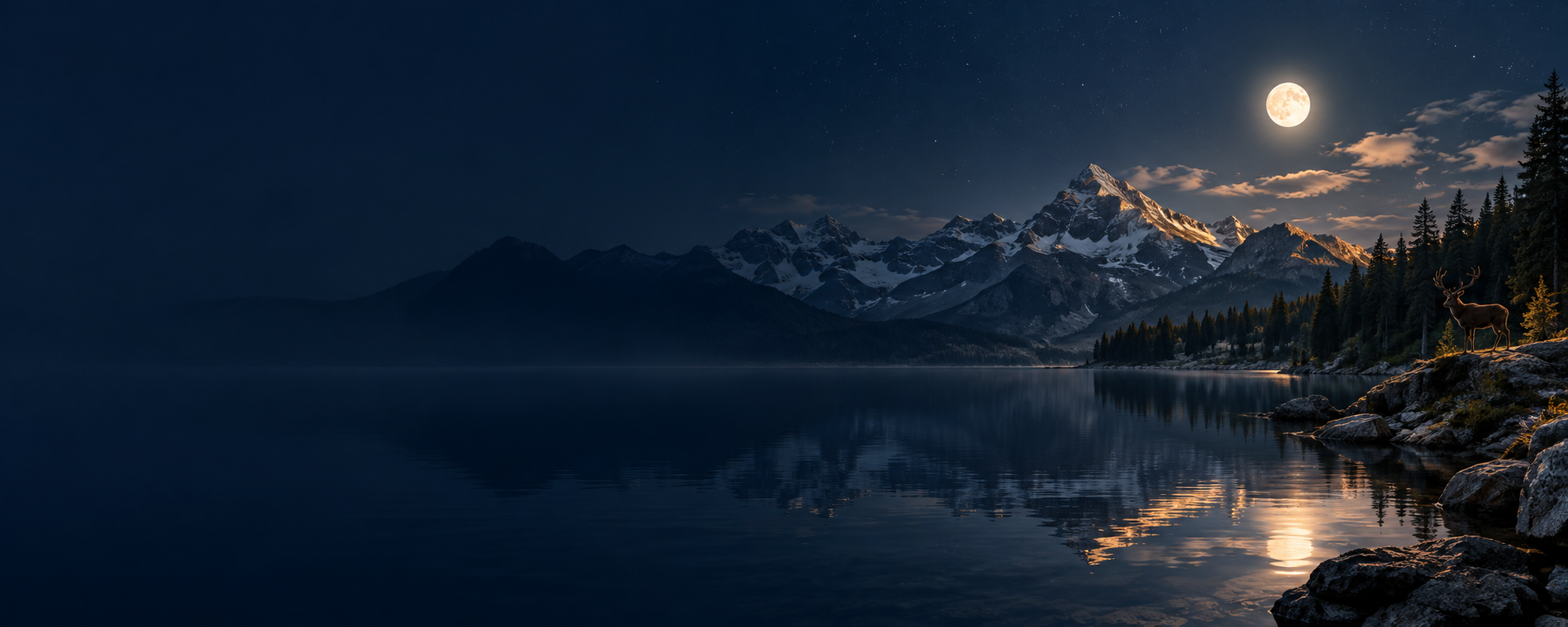 A stag by a mountain lake.