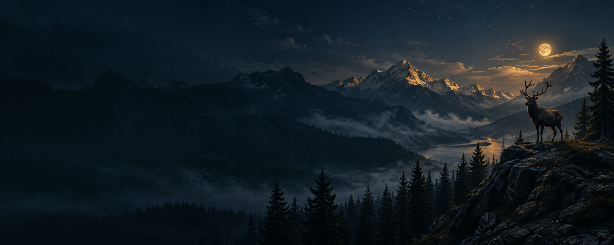 A stag on a mountain ridge at night.