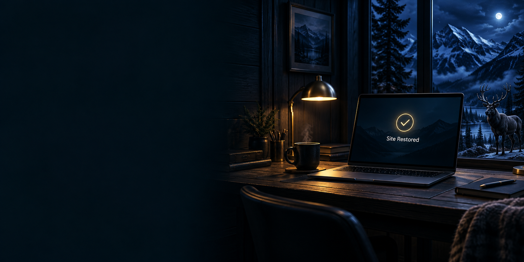 A WordPress recovery workspace beside a mountain window.