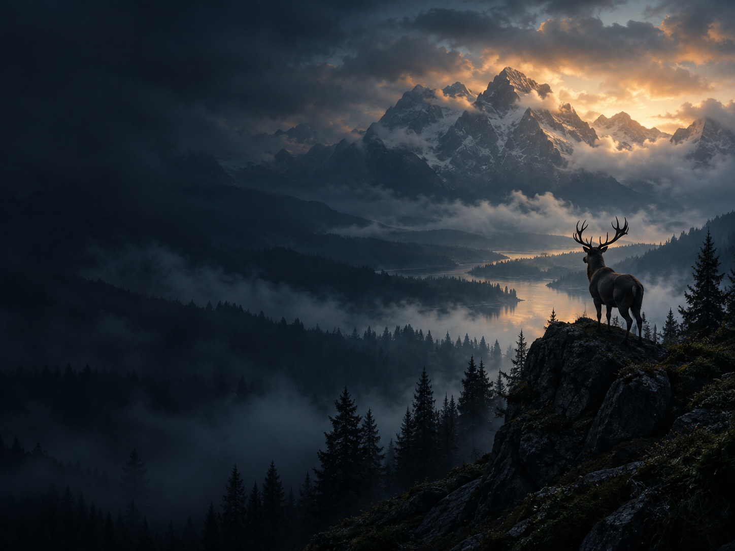 A stag overlooking a misty mountain valley.