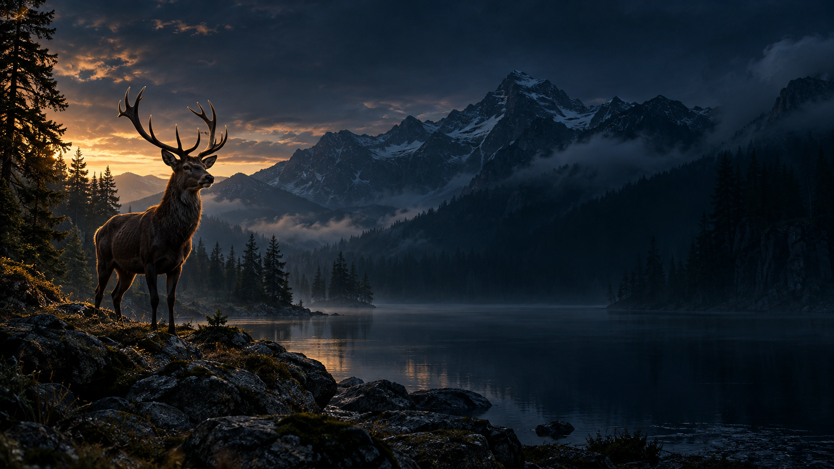 A stag beside a moonlit mountain lake.