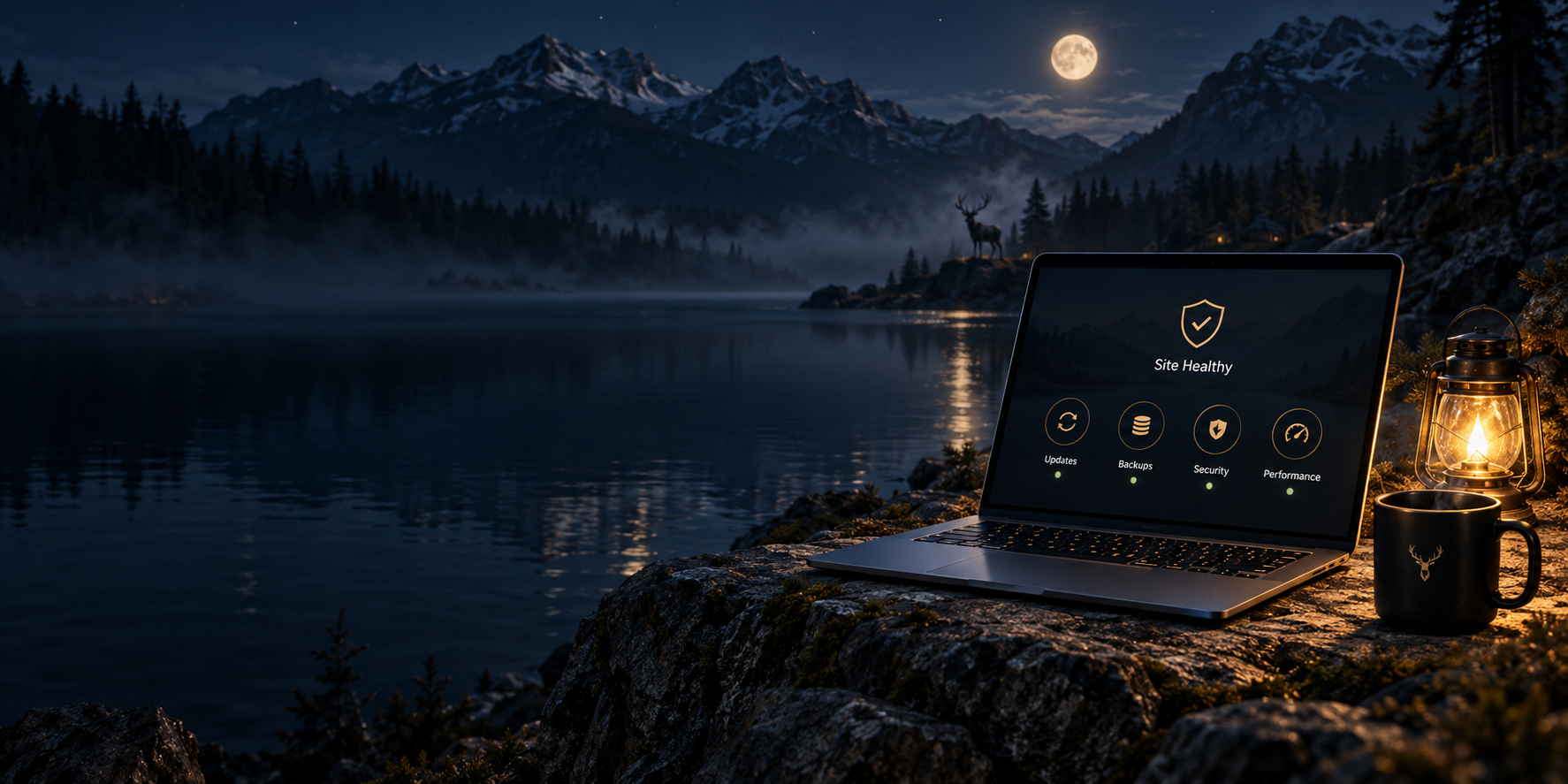 A WordPress care dashboard beside a mountain lake.