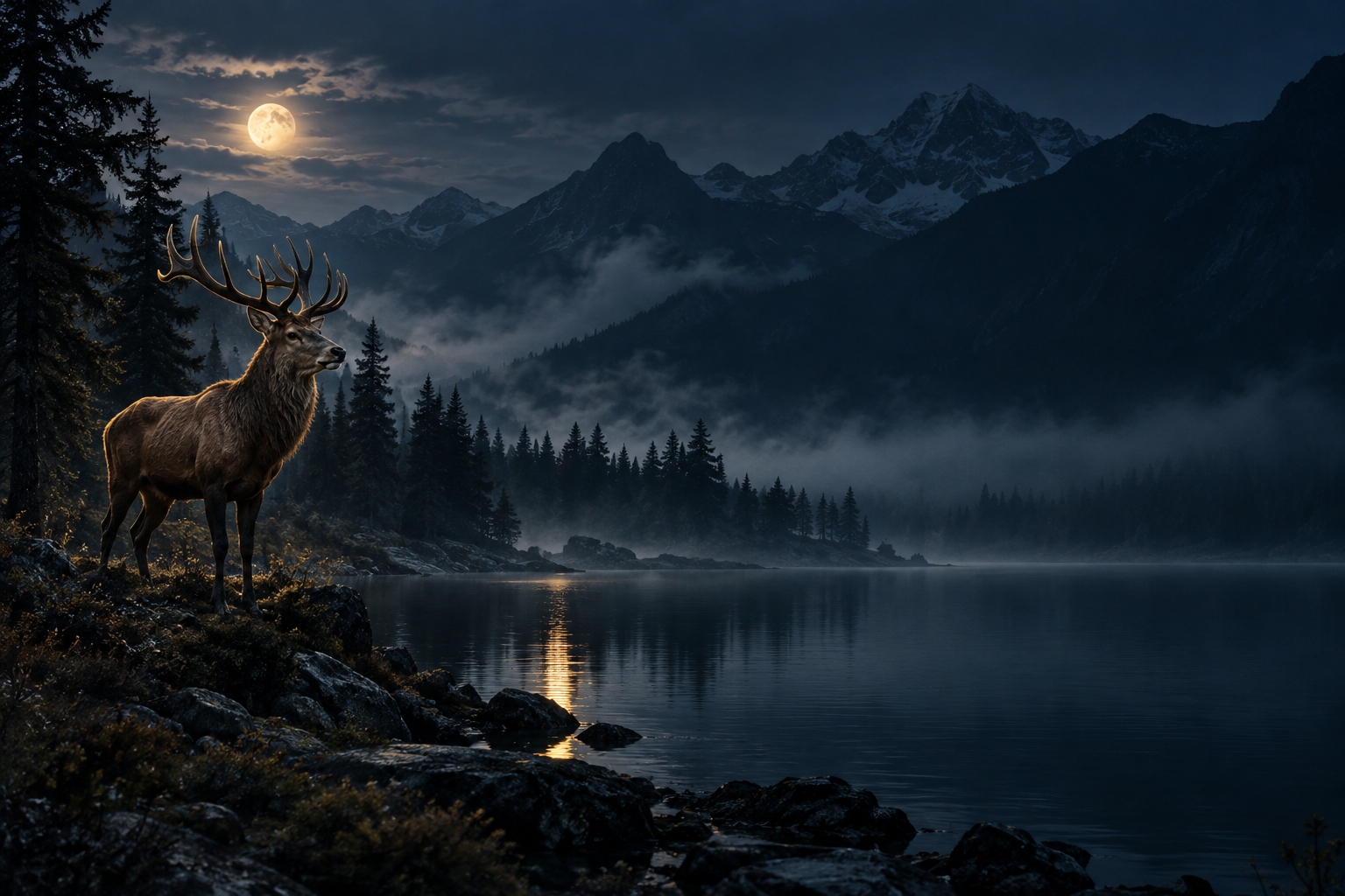A stag in a moonlit mountain landscape.